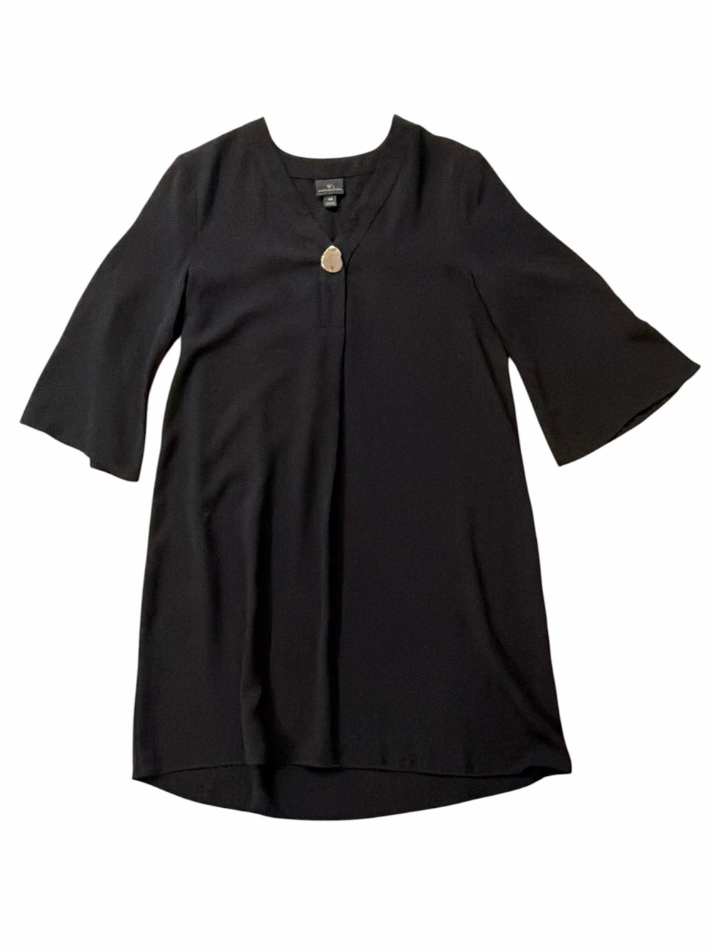 Worthington Black Notch V-Neck Shift Dress 3/4 Bell Sleeve Gold Accent